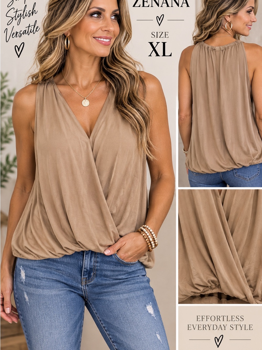 Zenana Outfitters Sleeveless Wrap Blouson Tank Top - Taupe